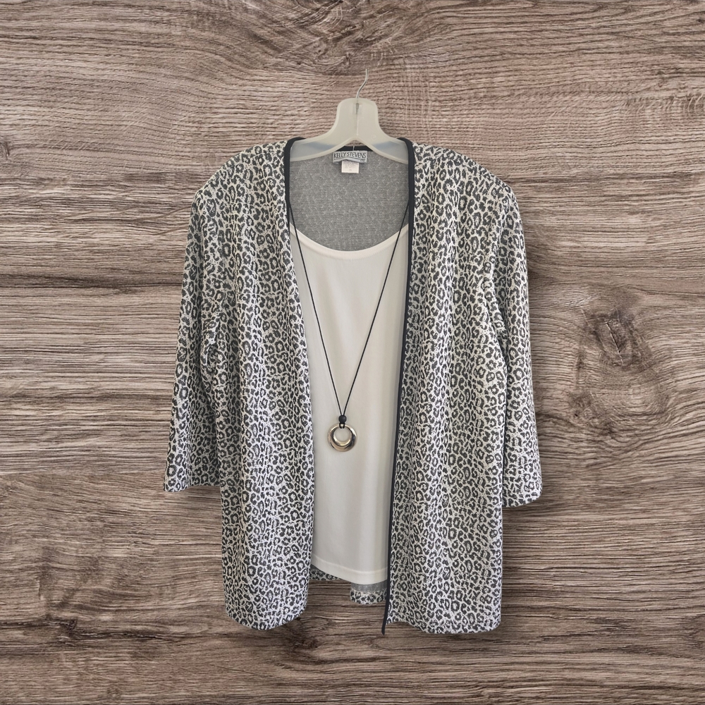 Leopard Print Open-Front Blouse Cardigan with White Tank